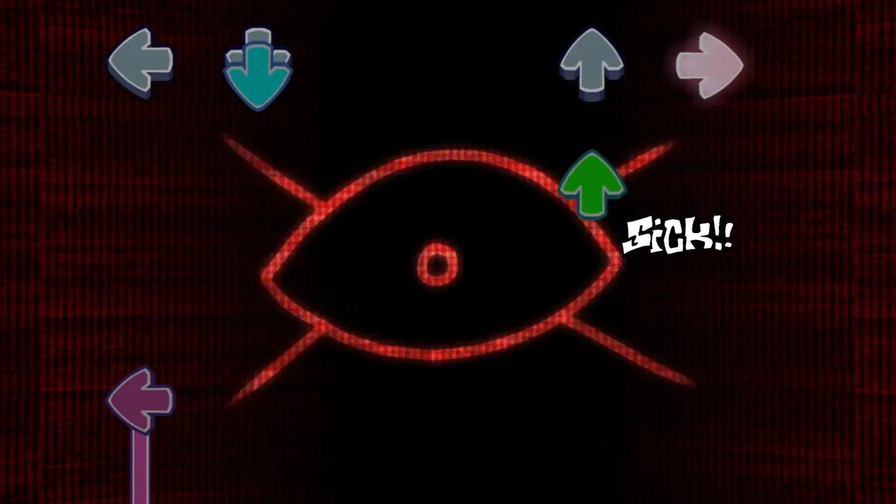 Dark Iris encounter with a large red eye behind the active note lanes
