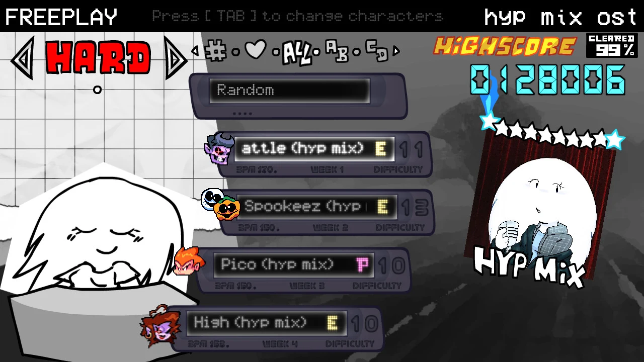 Hard Freeplay list containing the Hyp versions of Dadbattle, Spookeez, Pico and High