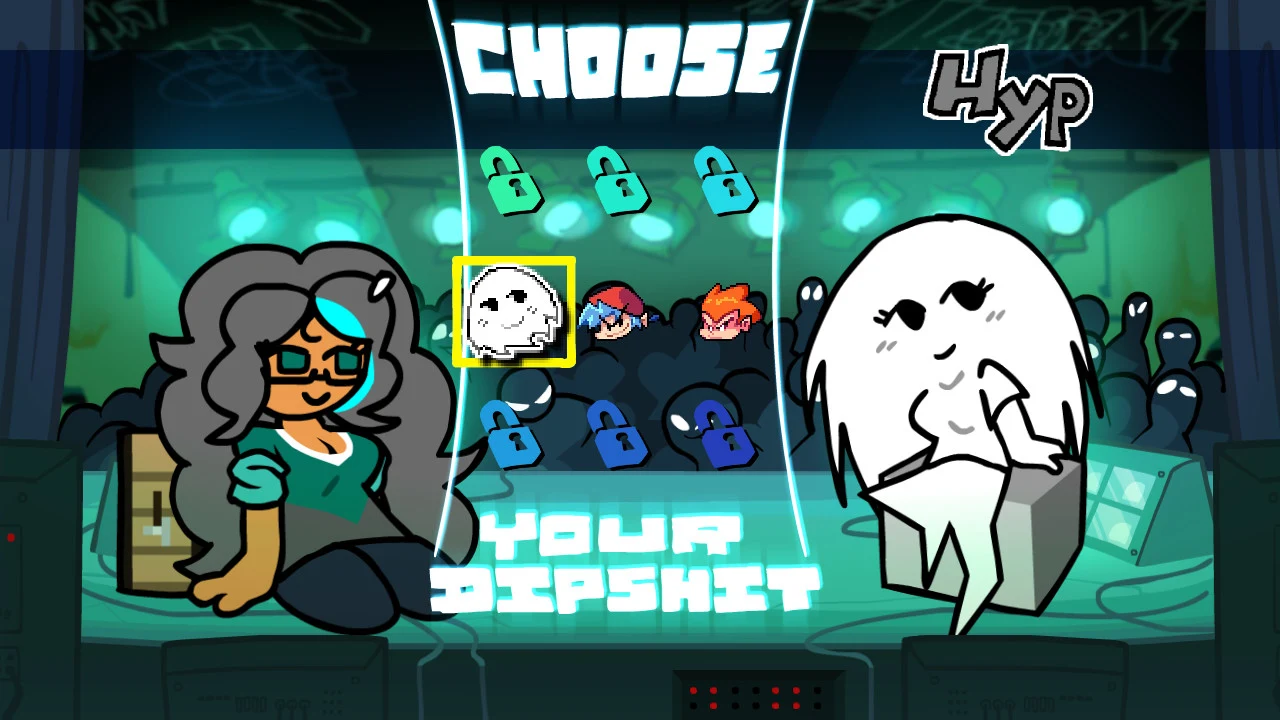 Character selector highlighting Hyp while Midy sits on the speaker stack