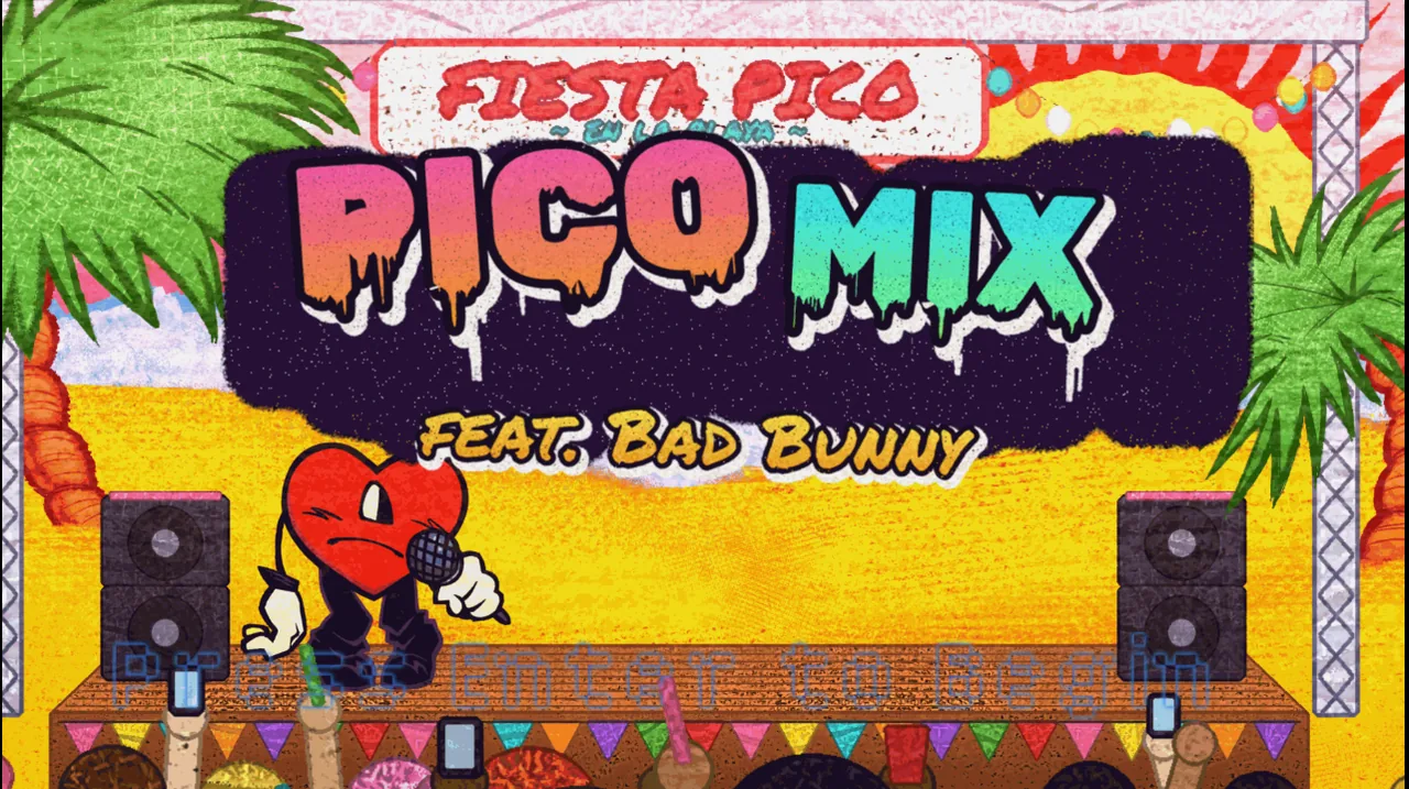 Beach title screen for FIESTA PICO with an Enter prompt along the bottom